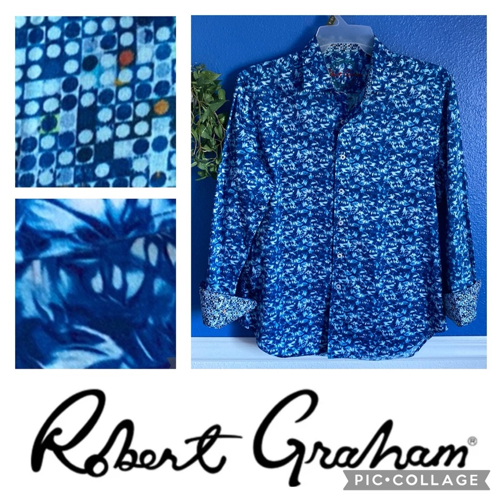 Robert Graham Cotton Long Sleeved Button Down Shirt. Blue Floral Pattern. Size M